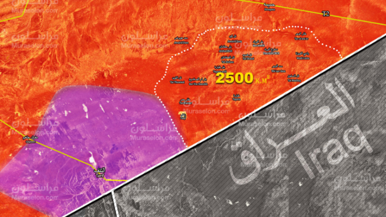 The control areas along the Syrian-Iraqi border: The Syrian army and forces supporting it (orange); Area taken over from ISIS (orange, delimited by a dotted line); Forces of the International Coalition in the Al-Tanf border area (violet) (Muraselon, June 21, 2018)