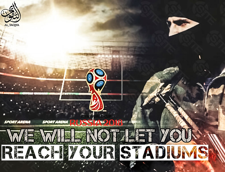 The poster that reads: “Russia 2018 – We will not let you reach your stadiums” (Telegram, June 21, 2018)