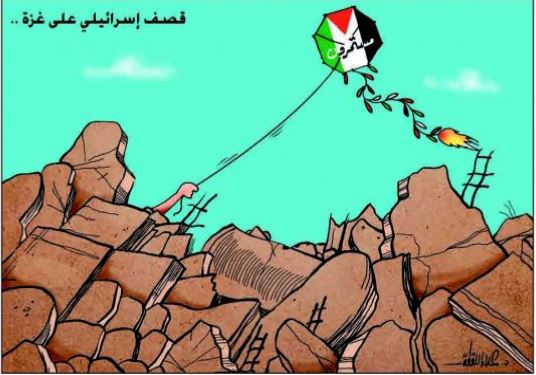 Una caricatura publicada por Hamás expresando que seguirían lanzando cometas incendiarias hacia Israel a pesar de los ataques de las FDI en Gaza y la destrucción causada por ellos. "Bombardeo israelí contra Gaza..., continuaremos" (Felesteen, 22 de junio de 2018)