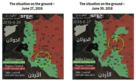 Right: The splitting of the rebel enclave in the area of Busra al-Harir, leading to further attacks to the north and south (Khotwa News Agency, June 27, 2018). Left: Syrian army attacks on the southern part of the eastern rebel enclave and local attacks northwest of Daraa to the west (Khotwa News Agency, June 30, 2018)