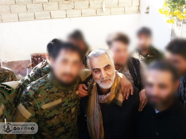 Qods Force Commander Qassem Soleimani during a visit that he recently held in eastern Syria, meeting with fighters of the Afghan Fatemiyoun Brigade which had participated in the battles against ISIS and sustained heavy losses (Telegram channel of the Fatemiyoun Brigade, June 10, 2018)