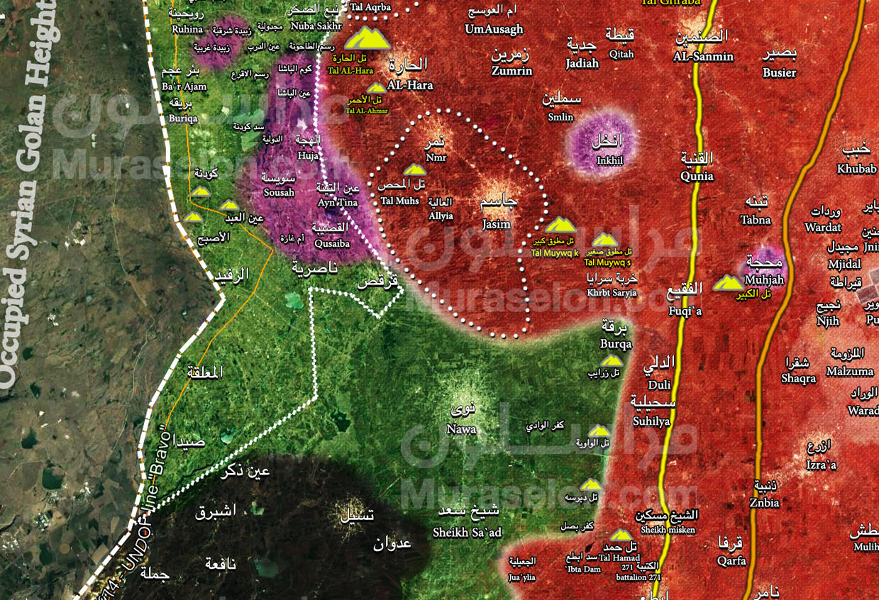 Déploiement des forces sur les hauteurs syriennes du Golan (actualisé au 17 juillet 2018) : Les zones contrôlées par l'armée syrienne sont en rouge ; les zones reprises par l'armée syrienne via les accords de cession sont en violet ; les zones contrôlées par les rebelles sont en vert, et les zones contrôlées par l'Etat islamique en noir (Muraselon, 17 juillet 2018)