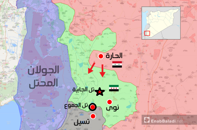 Le mouvement syrien après la prise de Tell Al-Harrah : avancée vers le Sud (marqué par des flèches) et tir d'artillerie à Tell Al-Jabiya (marqué d'une étoile noire) et Tell Al-Jamou '(marqué d'un cercle) (Enab Baladi, 17 juillet 2018)