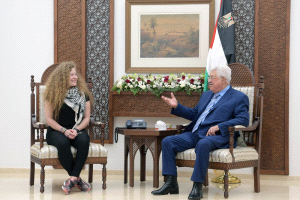 Mahmoud Abbas receives Ahed Tamimi in his office (Wafa, July 29, 2018).