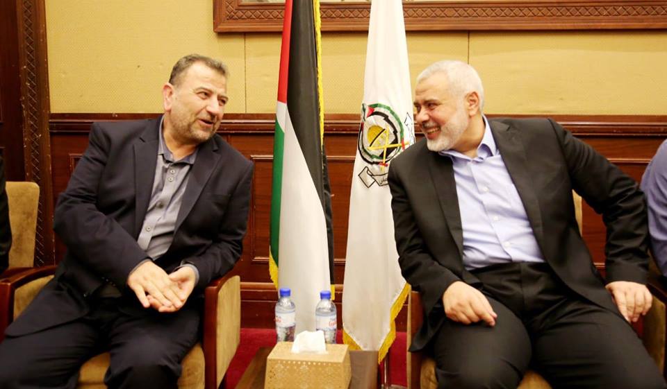 Isma'il Haniyeh, head of Hamas' political bureau, meets with his deputy, Saleh al-Arouri, and members of the external Hamas delegation when they arrive in the Gaza Strip (Hamas website, August 2, 2018).