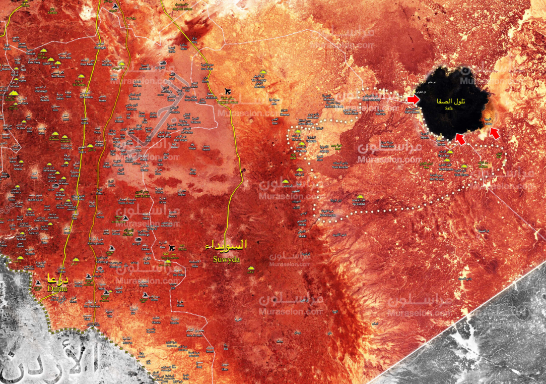 La zone Al-Safa, où les membres de l'Etat islamique sont assiégés (en noir). L'Etat islamique contrôle toujours cette zone (Muraselon, 12 août 2018)