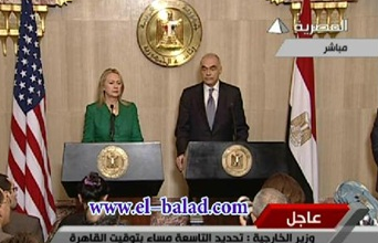 American Secretary of State Hillary Clinton and Egyptian Foreign Minister Muhammad Kamel Amro hold a joint press conference where they announced the understandings of Operation Pillar of Defense (al-Masriyya, November 21, 2012).