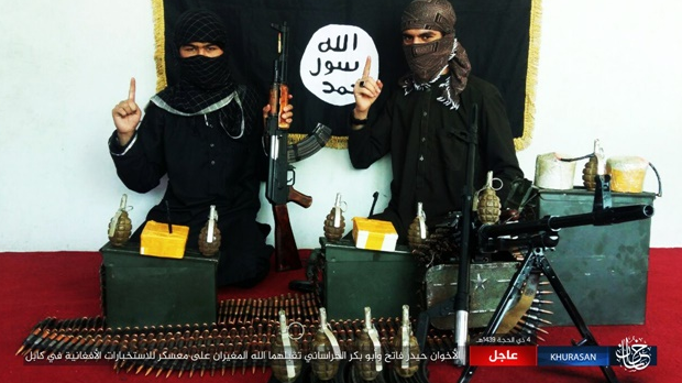 Two ISIS suicide bombers, Haidar Fateh and Abu Bakr al-Khorasani, who attacked an Afghan Military Intelligence training center in Kabul, with the weapons used to carry out the attack (ISIS-affiliated website www.k1falh.ga, August 16, 2018)