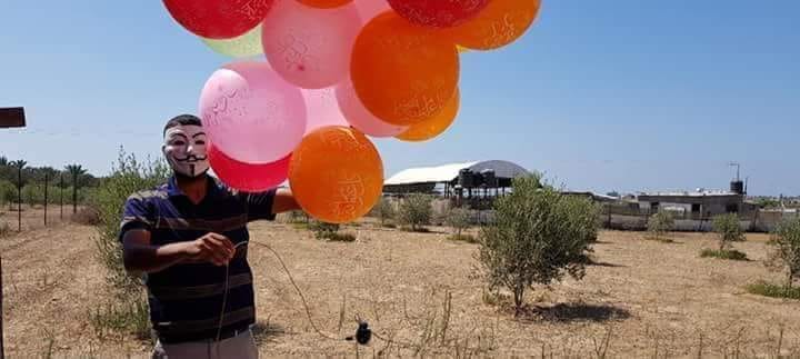 Un miembro de la “unidad de globos” lanzando globos incendiarios hacia el área que rodea a la Franja de Gaza (Página de Facebook de los “Hijos de al-Zouari” en la Franja de Gaza, 25 de agosto de 2018)