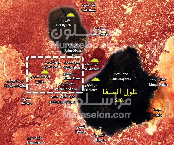 ISIS’s enclave in the Al-Safa area (in black), which was divided into two parts. The area recently taken over by the Syrian army is marked with a white dotted line (Muraselon, August 30, 2018)