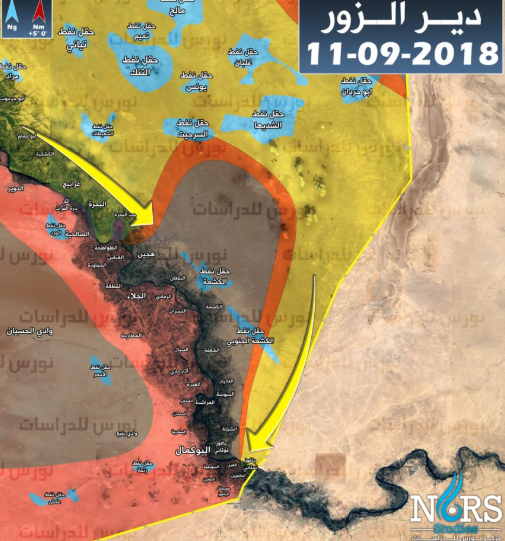 Deployment of the forces in the Albukamal region (updated to September 11, 2018): in yellow – the area controlled by the SDF forces; in red – the area controlled by the Syrian army and the forces supporting it; in grey – areas under ISIS control; in blue – the oil fields (most of them are under SDF control); in orange – areas where there are clashes; the yellow arrows mark the directions of the attack of the SDF forces (Syrian NORS Institute for Strategic Studies, September 11, 2018)