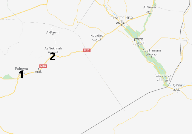 The area between Palmyra (1), Al-Sukhnah (2), and sites of the Syrian attacks against the ISIS operatives (Google Maps)