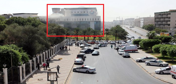 Smoke rising from the headquarters of the National Oil Corporation (in red) following the attack (Erem News, UAE news website, September 11, 2018)