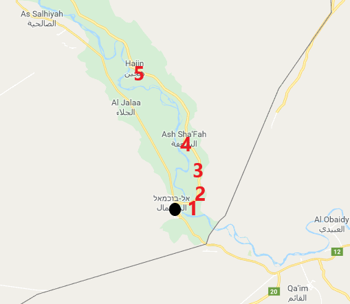 Main battle sites north of Albukamal: Al-Baghouz Fawqani (1); Al-Shajalah (2); Al-Susah (3); Al-Sha'fah (4); Hajin (5) (Wikimapia). 