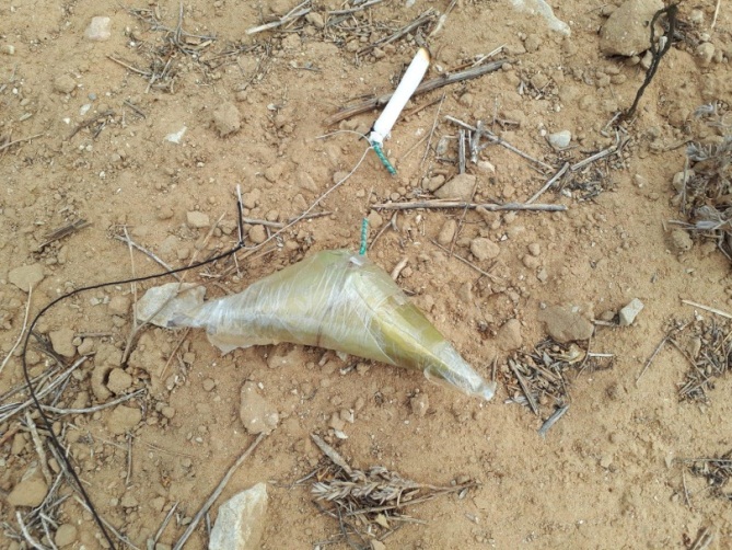 Un artefacto explosivo que estaba conectado a un globo incendiario cuando aterrizó en el territorio israelí (Portavoz del Consejo Regional de Eshkol, 7 de octubre de 2018)