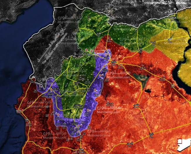  السيطرة في محيط إدلب (صحيح حتى 10 تشرين أول/ أكتوبر 2018): تنظيمات المتمردين ومن جملتها هيئة تحرير الشام (باللون الأخضر)؛ الجيش السوري والقوات المساندة له (باللون الأحمر)؛ المنطقة المنزوعة السلاح التي اتفقت عليها روسيا وتركيا (باللون الأزرق)؛ مواقع المراقبة التابعة لتركي ولروسيا (مُعلمة بعلم كل دولة) (مراسلون، 10 تشرين أول/ أكتوبر 2018).