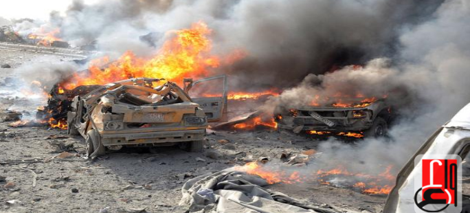 Cars on fire at the scene of the car bomb explosion near a restaurant in west Mosul (Iraqi News Agency, November 8, 2018)