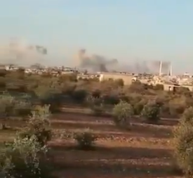 Syrian army artillery fire at one of the villages southeast of Idlib (Twitter, November 17, 2018). 