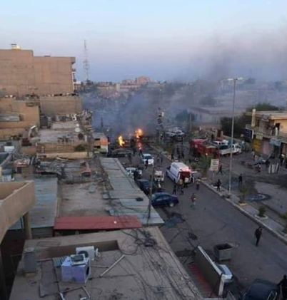 Cars on fire at the scene of the car bomb explosion in central Tikrit (Mohammed Abed Suleman’s Twitter account, November 18, 2018)