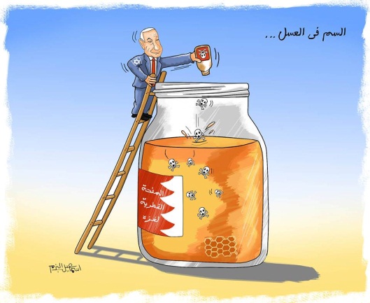 Caricature affirmant que le Premier ministre israélien empoisonne l'aide du Qatar. En arabe, on peut lire "Poison et miel" (Page Facebook d'Isma'il al-Bazam, 8 décembre 2018)