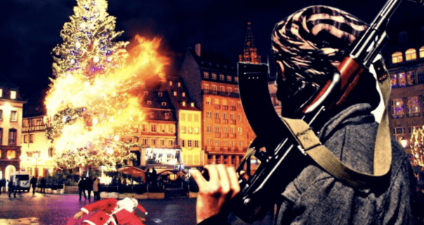 Poster published by an ISIS supporter showing Santa Claus bleeding on the ground in central Strasbourg (P J Media, December 14, 2018)