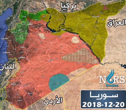 Map of the areas of control in Syria (as of December 20, 2018): under Syrian regime control (red); under Kurdish control (yellow); controlled by the rebel organizations in the Tanf enclave (green); controlled by coalition forces (blue); controlled by ISIS (black and lined); uncontrolled by an organization or country (white) (Nours Syrian Institute for Strategic Studies, December 20, 2018).