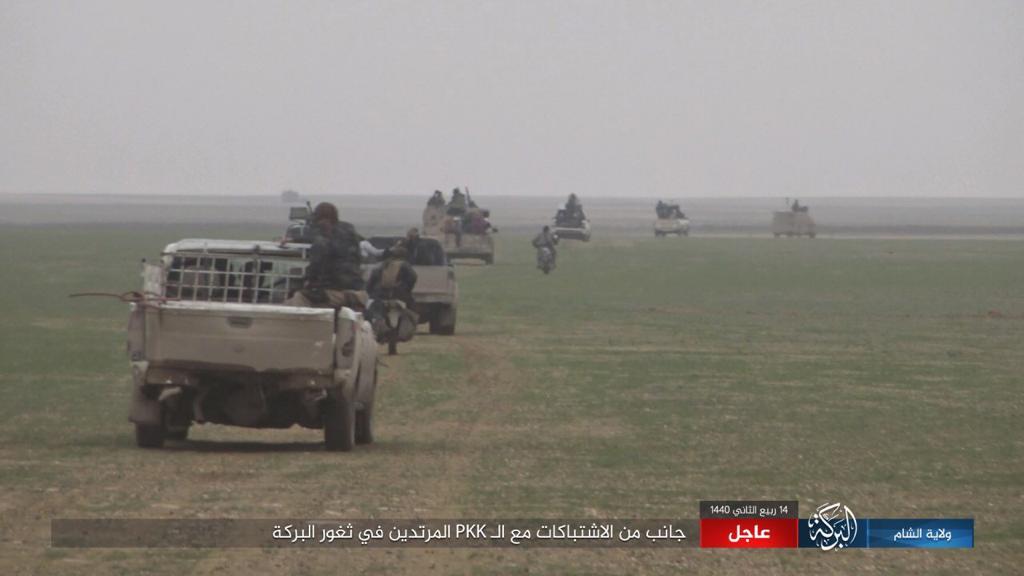 ISIS’s ATVs and motorcycles moving in the open area during the attack on the SDF (ISIS’s Al-Sham – Baraka Province, December 21, 2018). 