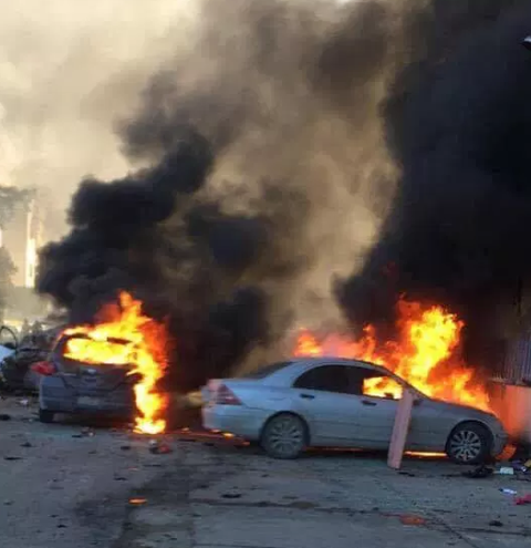 At least two cars on fire at the scene of the combined attack at the headquarters of the Libyan Foreign Ministry in Tripoli (Akhbar Libya, December 25, 2018).