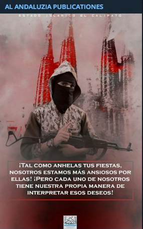 poster encouraging attacks on Christian holidays (ISIS-affiliated Maharrir al-Ansar Foundation, December 24, 2018). At the top it says Al Andaluzia Publicaciones, i.e.,  Andalusian Publications. The ones behind this name are apparently ISIS supporters from Spain who translate material into Spanish and distribute it. 