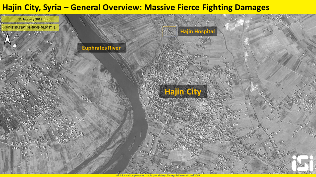 ISI detected massive fierce fighting damages are seen within Hajin city. Facilities، structures and roads are destroyed as well as most of the main junctions. There is no evidence of significant civilian traffic within Hajin city. It is probable the most of its habitants have left the city.