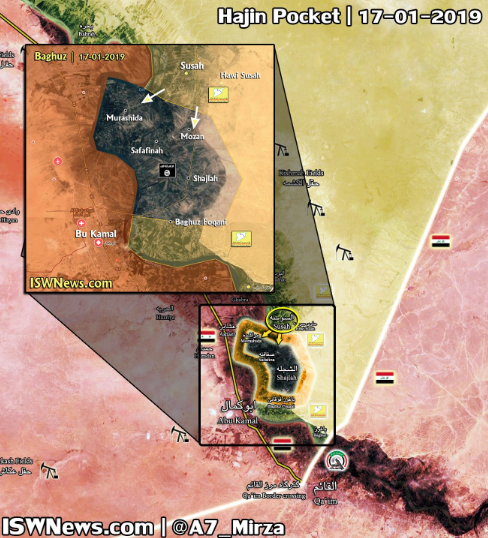 The “pocket” controlled by ISIS (map updated to January 21, 2019): ISIS (gray-black); SDF forces (yellow); areas controlled by the Syrian army and the forces supporting it (red); attack routes of the Kurdish forces (white arrows) (Twitter account of the IWN@A7_Mirza website, probably affiliated with the Iranian Revolutionary Guards, January 21, 2019)