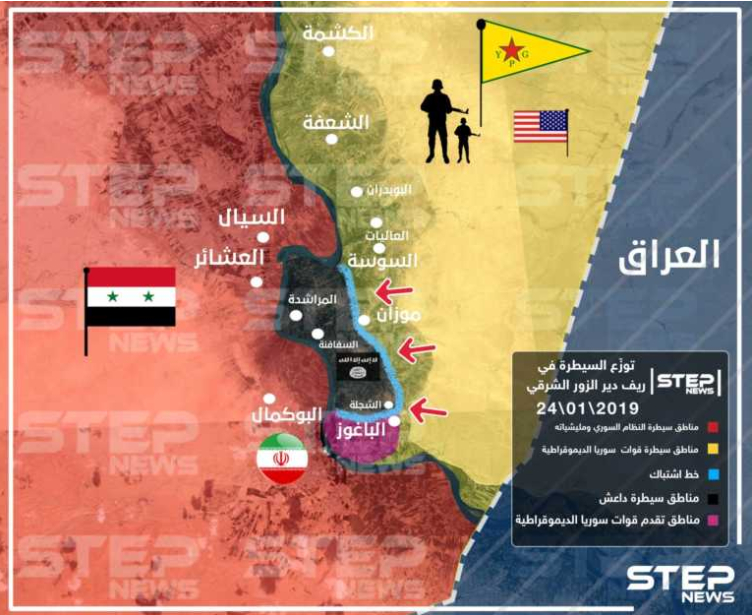 The “pocket” controlled by ISIS (map updated to January 24, 2019): ISIS (black); SDF forces (yellow); areas controlled by the Syrian army and the forces supporting it (red); attack routes of the Kurdish forces (red arrows) (Khotwa, January 24, 2019)