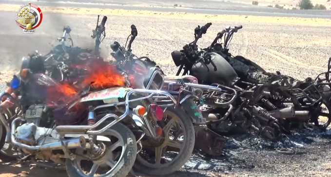 Motorcycles belonging to “terrorist operatives” after the Egyptian security forces set fire to them (Egyptian Armed Forces Spokesman’s Facebook page, January 22, 2019)