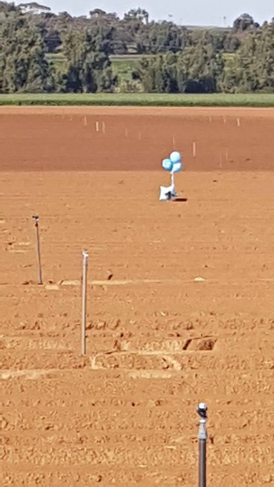 בלון אליו מחובר חפץ חשוד ששוגר ב-4 בפברואר 2019 ונחת בשטח המועצה האזורית אשכול (חשבון הטוויטר PALINFO, 4 בפברואר 2019). משמאל