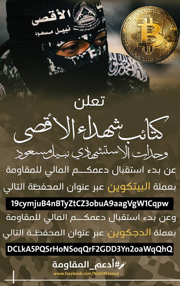 Notice calling for donations of Bitcoins and Dogecoins (al-Aqsa Martyrs' Brigade – Nabil Masoud Units Facebook page, February 2, 2019).