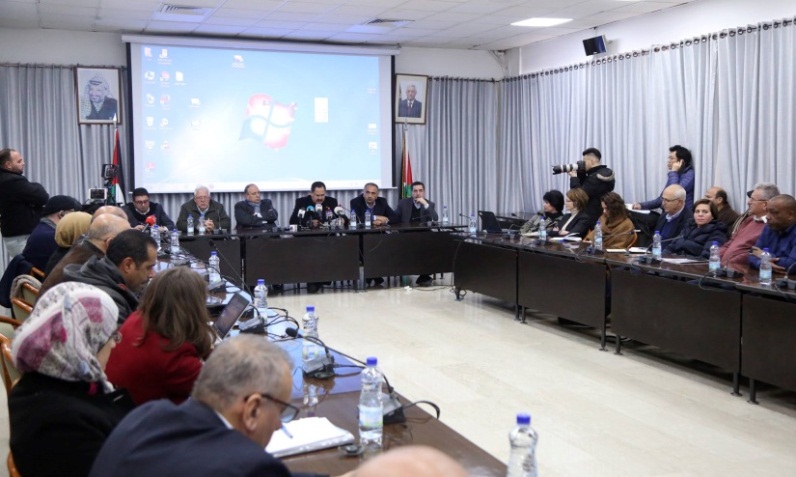 The meeting in Ramallah headed by Palestinian minister of education Sabri Sidam (PA ministry of education Facebook page, January 29, 2019).