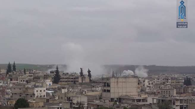 Artillery fire of the Syrian army and the forces supporting it at the city of Khan Shaykhun, south of Idlib. 