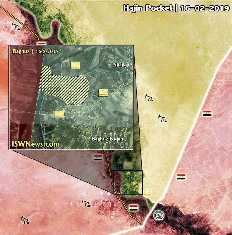 The area of the village of Al-Baghouz Fawqani (updated to February 16, 2019): The dotted area is the “pocket” remaining in the hands of ISIS; The SDF forces are marked in yellow; The Syrian army forces are marked in red (ISWN, February 16, 2019)