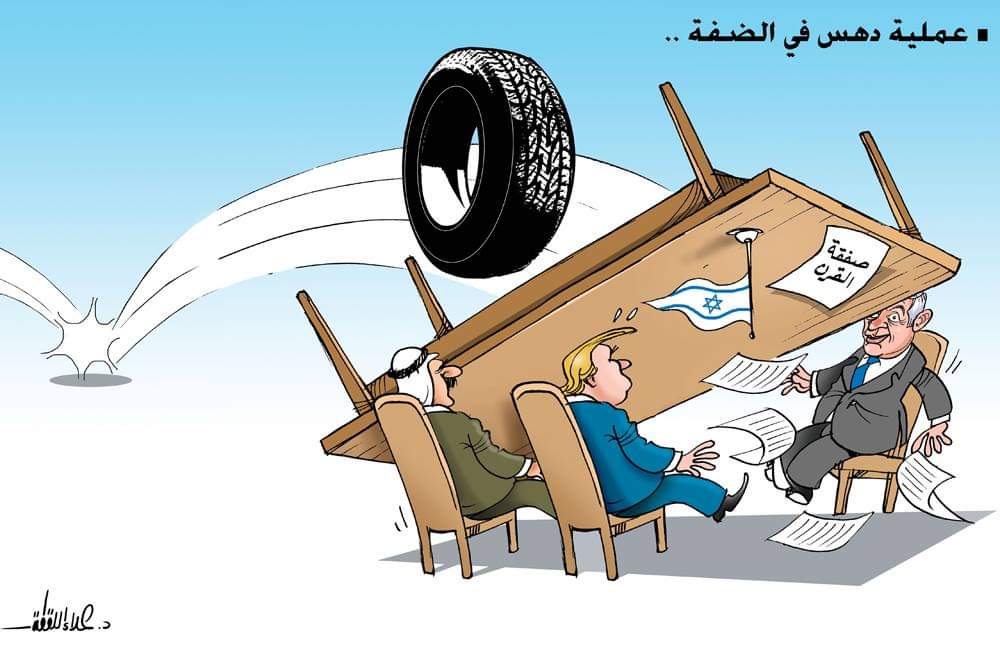 Hamas cartoon. The Arabic reads, "The vehicular attack in the West Bank [takes] the 'deal of the century' [off the table]" (Palinfo Twitter account, March 4, 2019).