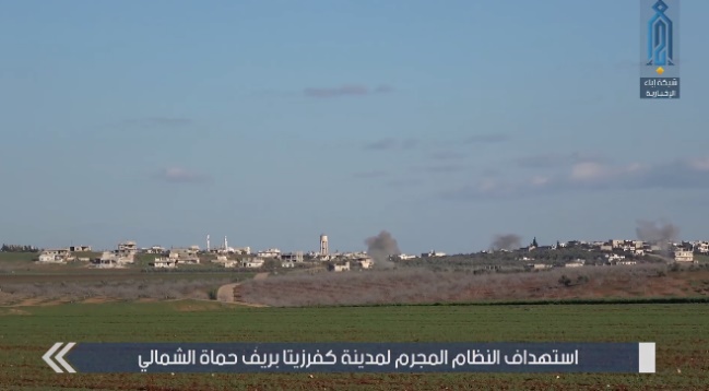 Tirs d'artillerie de l'armée syrienne sur le village de Zeita (Ibaa, 1er mars 2019).