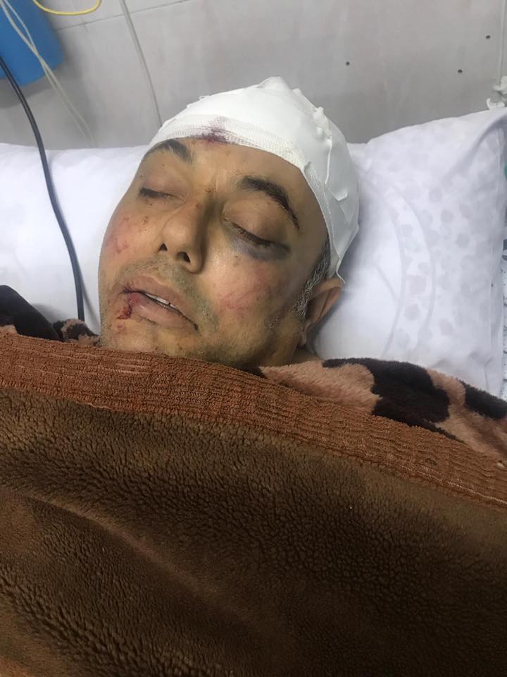  Fatah spokesman 'Atef Abu Sayif in the hospital in Beit Hanoun after he was attacked (official Fatah Facebook page, March 18, 2019).