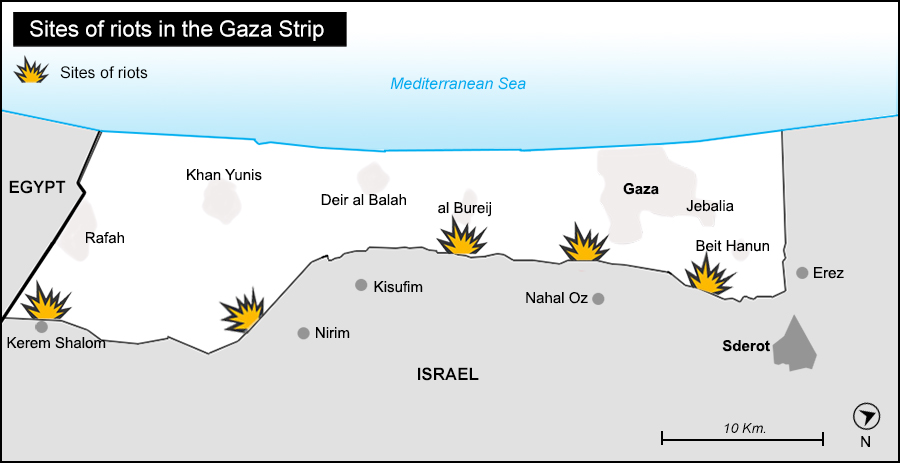 Sites of riots in the Gaza Strip