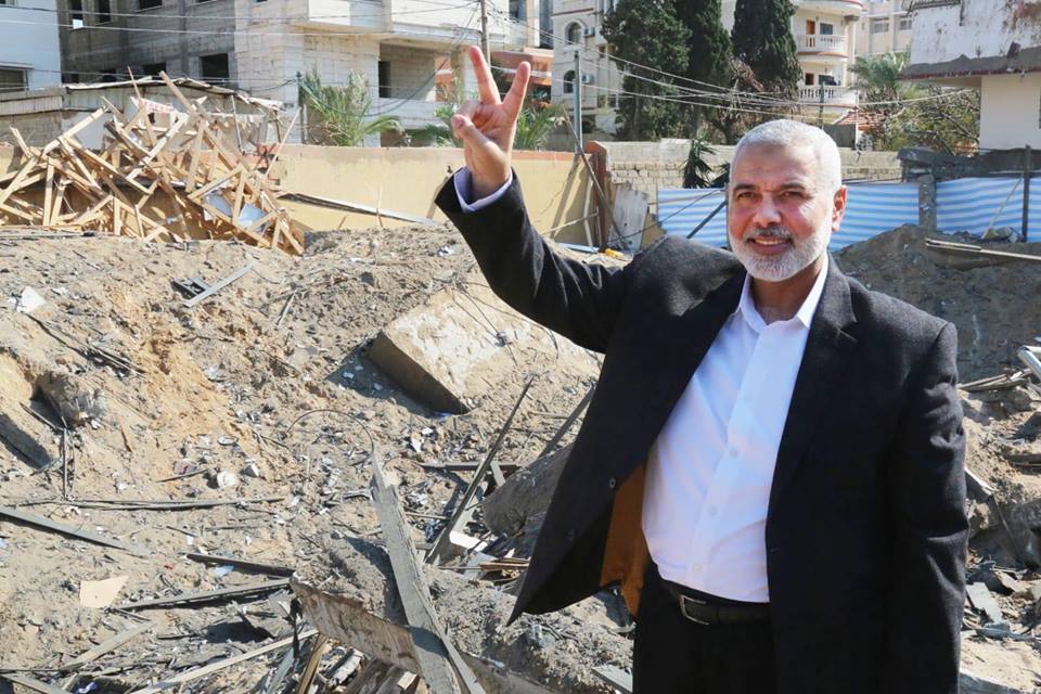 Isma'il Haniyeh visits the ruins of his office in Gaza City after it was attacked during the most recent round of escalation (QudsN Facebook page, March 27, 2019).