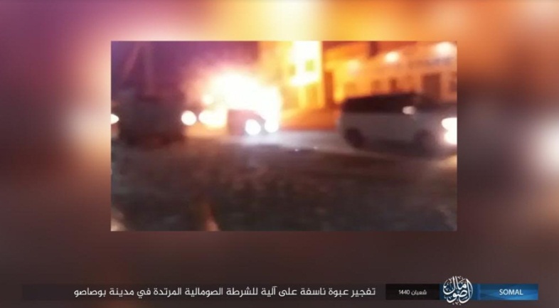 The explosion of an IED by ISIS against a Somali police vehicle in the city of Bosaso (ISIS’s Somalia Province via Telegram, April 15, 2019).