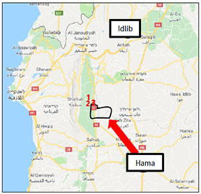 Sites repris les 14 et 15 mai 2019 : Al-Hweiz (1); piste d’atterrissage de Shree’ah (2); Al-Hamra (3). La zone délimitée en rouge a été prise par l'armée syrienne au cours de la première semaine de l'attaque. Par la suite, l’armée syrienne a dû se retirer de certains des sites qu’elle avait repris (Google Maps)