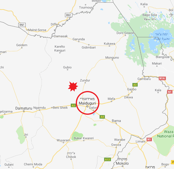 La ville de Magumeri, où une base de l'armée nigériane a été attaquée, au Nord-Ouest de Maiduguri, capitale de l'État de Borno (Google Maps)