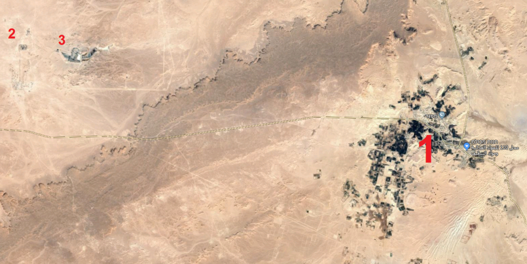 The town of Zillah (1), the oil facility northwest of the town (2), and an oil well near the oil facility (3) (Google Maps)