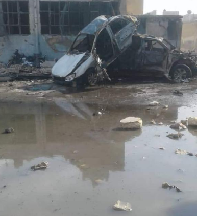 Scène de l'explosion d'une voiture piégée dans le bâtiment de sécurité des FDS dans le centre de Manbij (Orient News, 16 mai 2019)