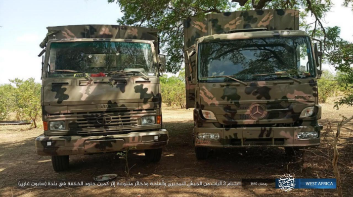 Two trucks seized by operatives of ISIS’s West Africa Province (ISIS’s West Africa Province, as posted on Telegram, May 27, 2019)