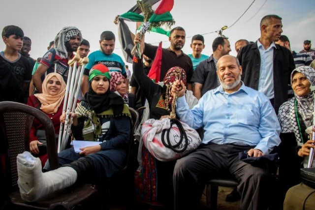 Le haut responsable du Hamas, Khalil al-Haya, lors d'une manifestation de solidarité avec les Palestiniens blessés lors des marches du retour. L'événement s'est déroulé dans le camp du retour situé dans l'Est de la ville de Gaza (Page Facebook de l'Autorité nationale, 24 mai 2019)